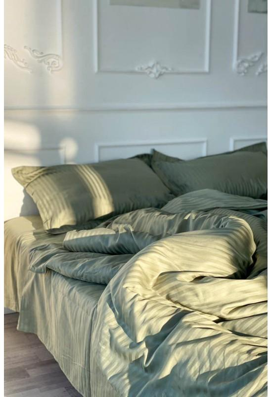 Light olive green striped sateen cotton bedding set of 4 pcs