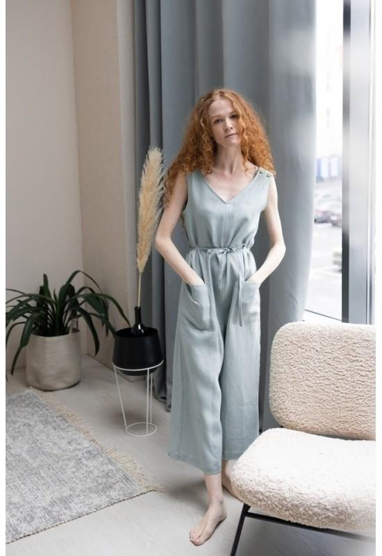 Linen Jumpsuit for Women: Cropped Culottes, Sleeveless, Tie Belt