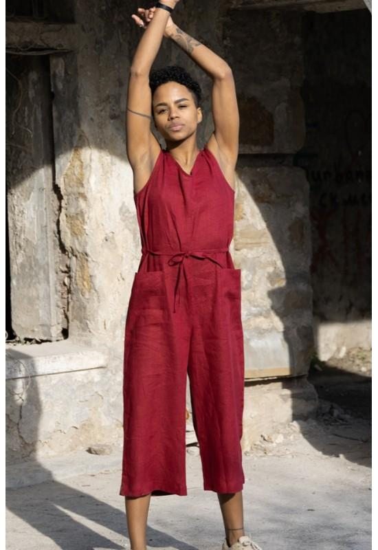 Linen Jumpsuit for Women Cropped Culottes, Sleeveless, Tie Belt