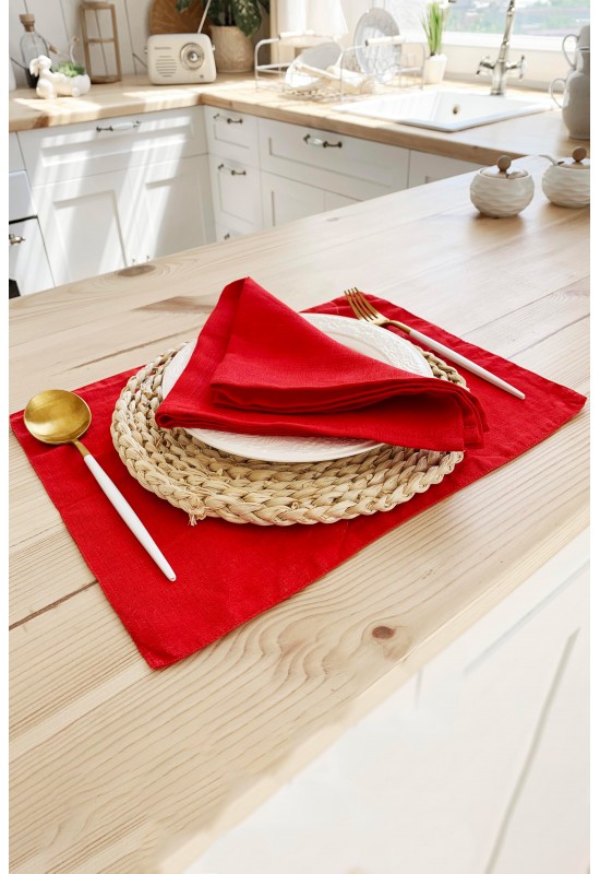 Bright Red Linen Cloth Table Placemats