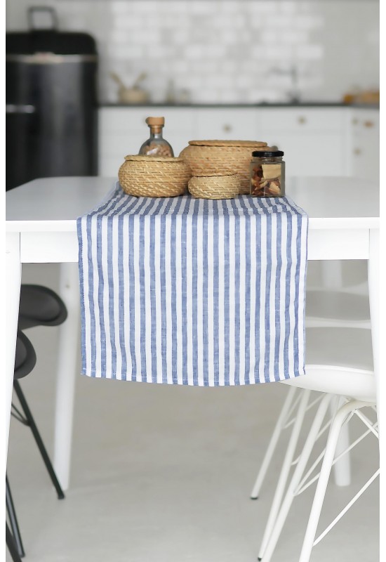 Blue Striped Linen Table Runner 