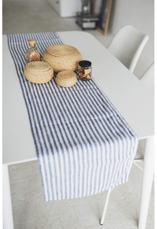 Blue Striped Linen Table Runner 