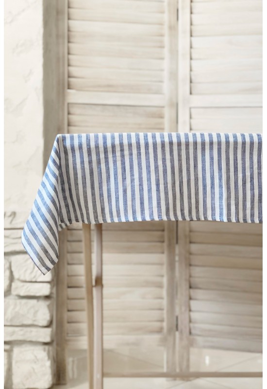 Linen tablecloth in Blue strip