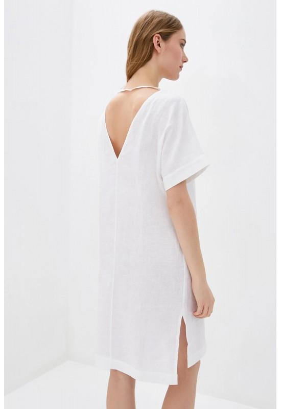 Loose linen dress for women V-neck back Knee length dress