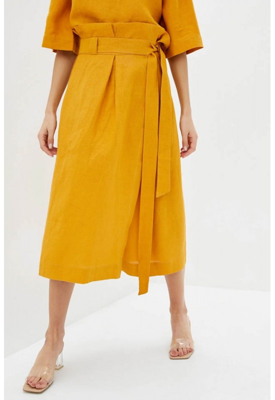 Linen wrap skirt Women midi A-line skirt belt 