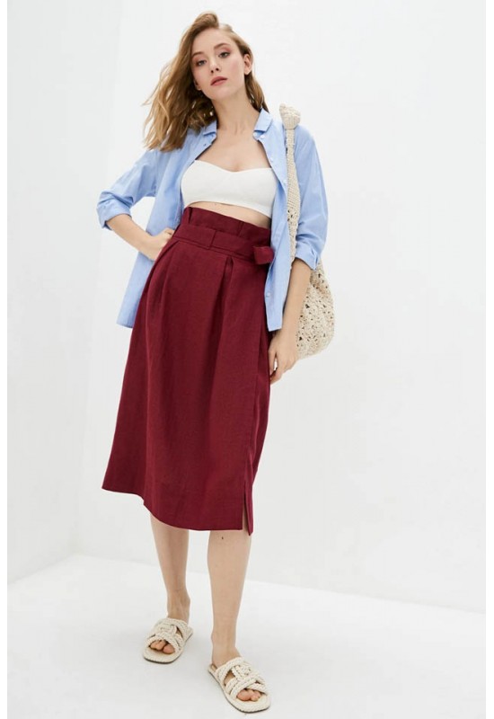 Linen wrap skirt Women midi A-line skirt belt 