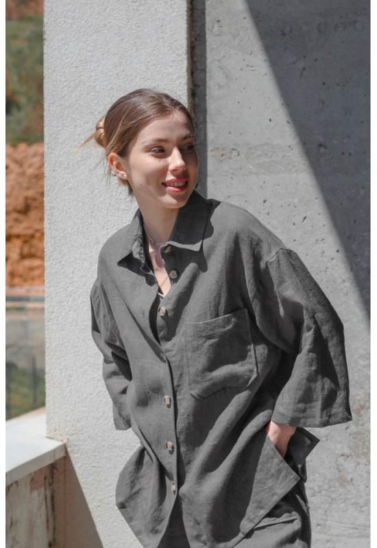 Linen kimono shirt Women shirt pockets Long sleeve