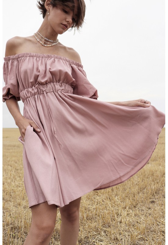 Linen dress with open shoulders for women 