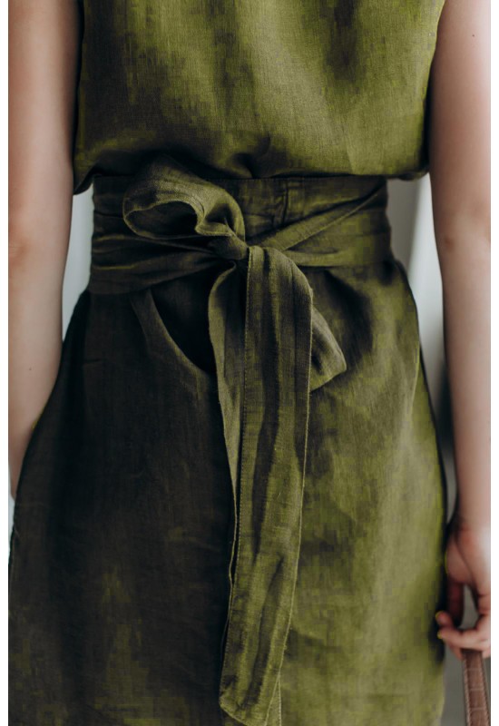 Linen dress with belt for women Boat neck 