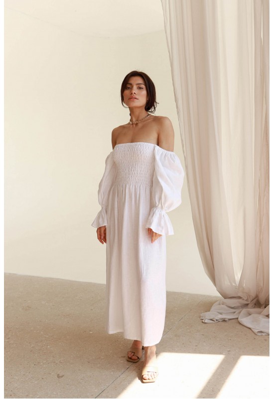 Linen women dress Open shoulders Puff sleeve Maxi