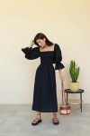 Linen women dress Open shoulders Puff sleeve Maxi