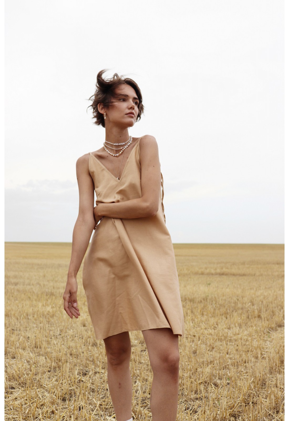 Sleeveless Mini Linen Dress with Spaghetti Tie Straps V Neckline
