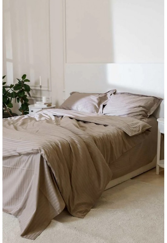 Cold beige striped sateen cotton bedding set 