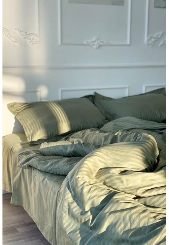 Light olive striped sateen cotton bedding set 