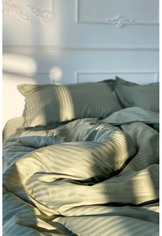 Light olive striped sateen cotton bedding set 