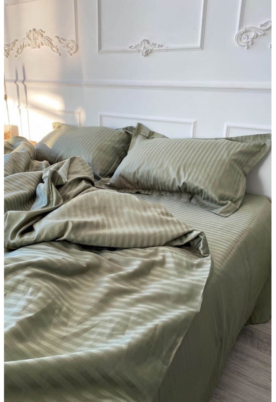 Light olive striped sateen cotton bedding set 