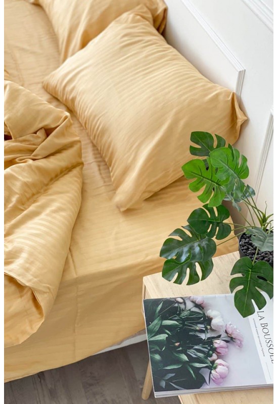 Pale yellow striped sateen cotton bedding set 