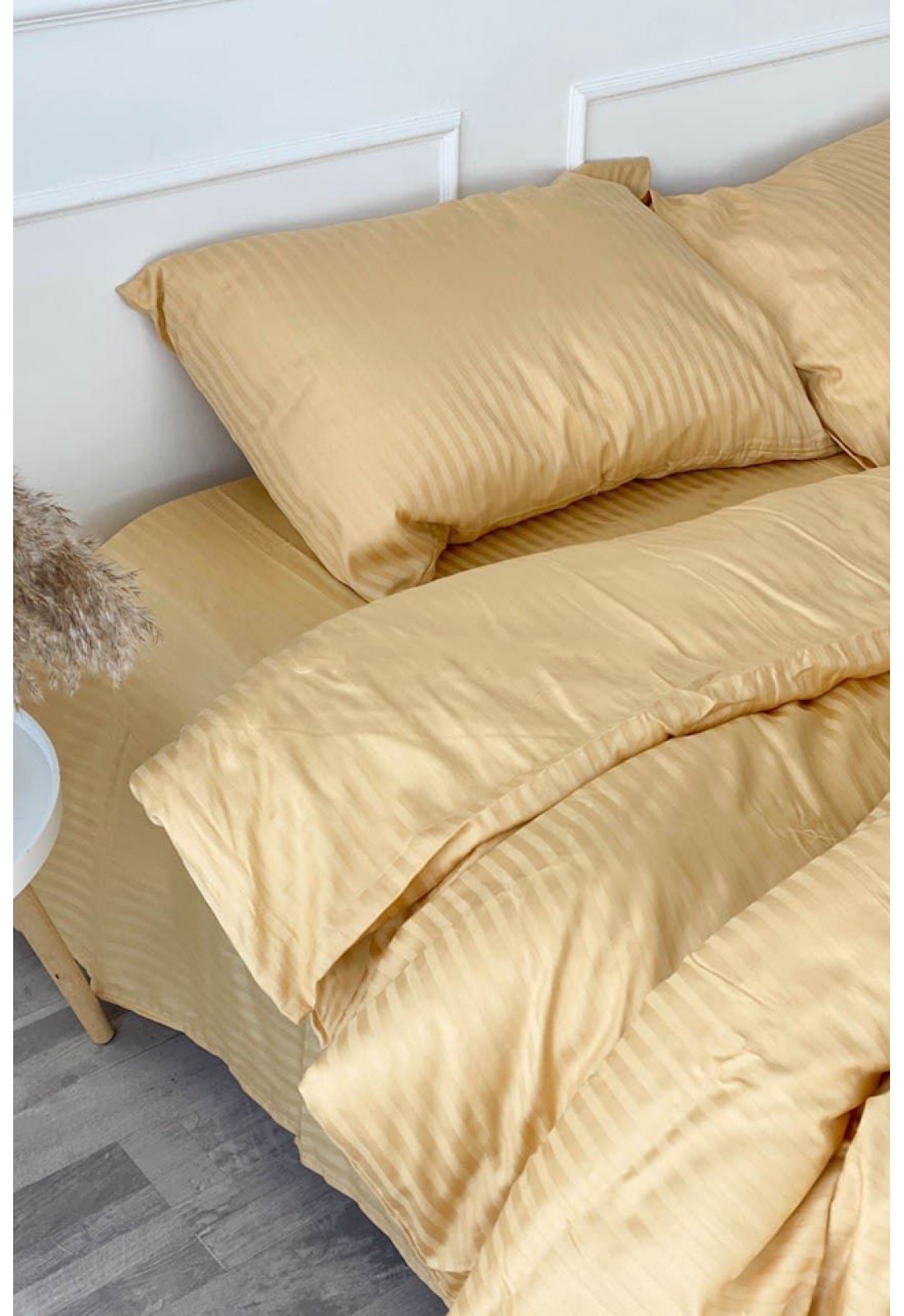 Pale yellow striped sateen cotton bedding set Sage mustard