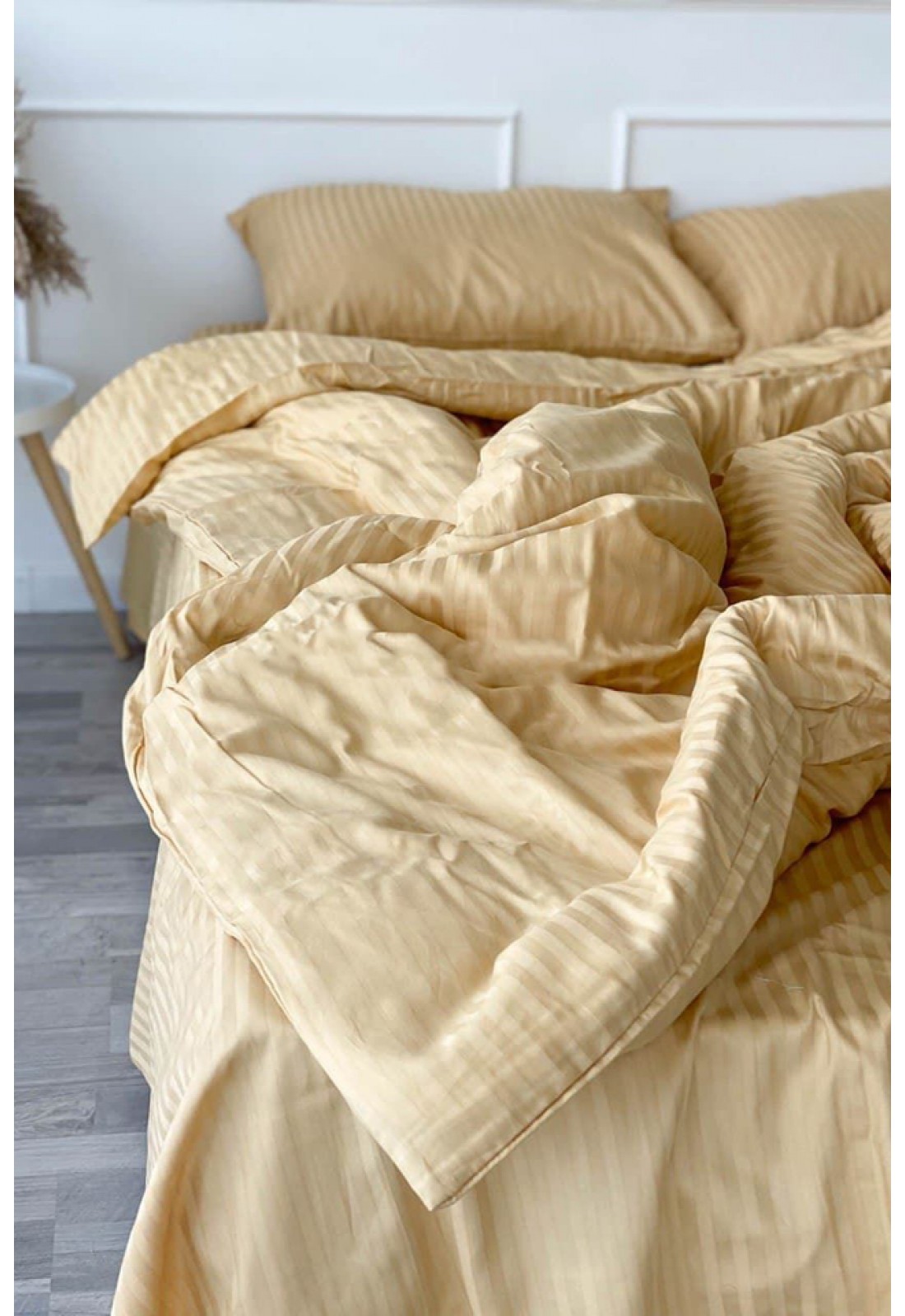 Pale yellow striped sateen cotton bedding set Sage mustard