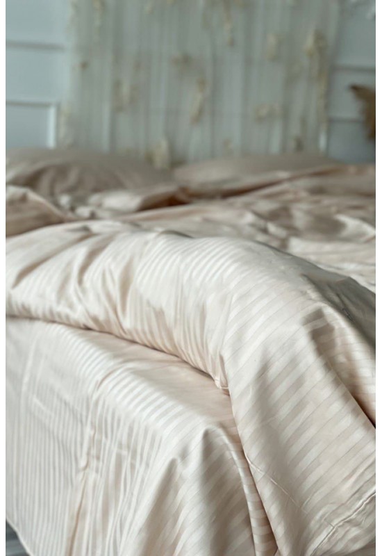 Ecru beige striped sateen cotton bedding All sizes