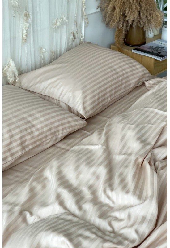 Ecru beige striped sateen cotton bedding All sizes