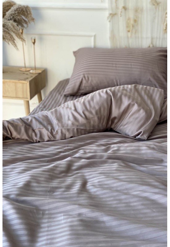 Cold beige striped sateen cotton bedding set 