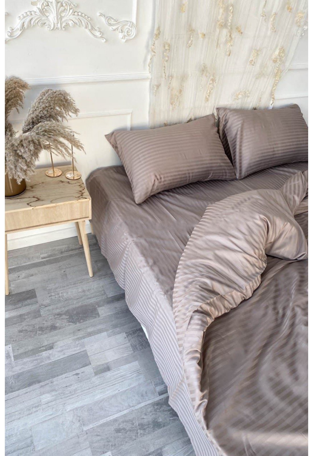 Cold beige green striped sateen cotton bedding set of 4 pcs