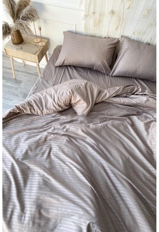 Cold beige striped sateen cotton bedding set 