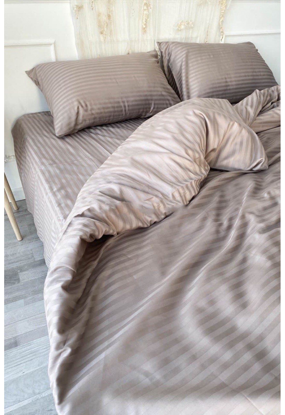 Cold beige green striped sateen cotton bedding set of 4 pcs