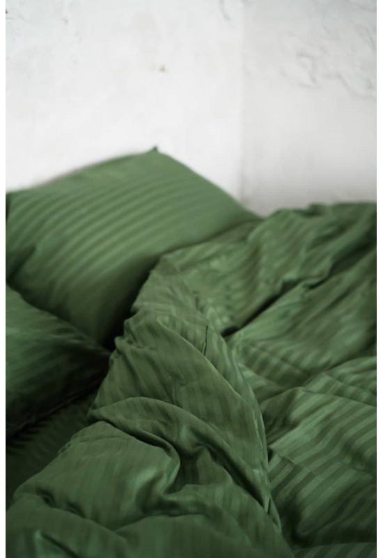 Moss green striped sateen cotton bedding set 