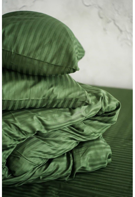 Moss green striped sateen cotton bedding set 