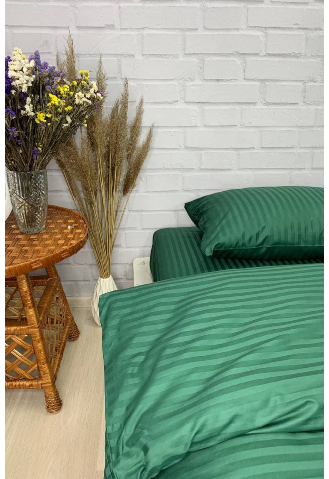 Striped green sateen cotton bedding Duvet cover sheet pillowcases