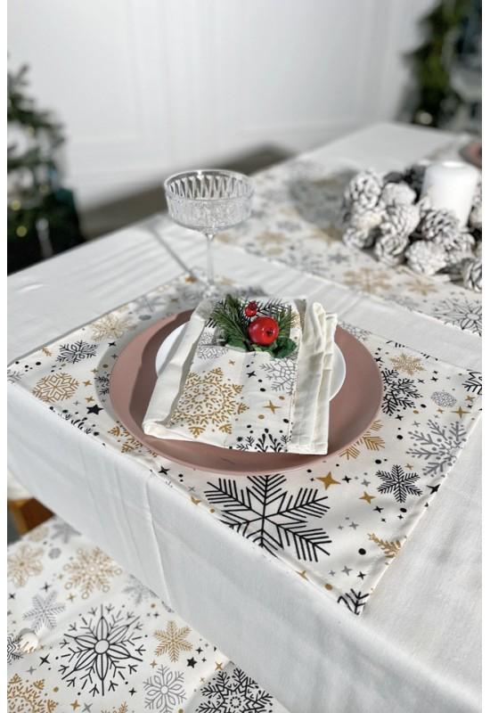 Cotton table placemats 2 pcs White with golden and silver snowflakes