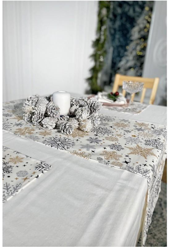 Cotton table runner Waterproof White with golden and silver snowflakes