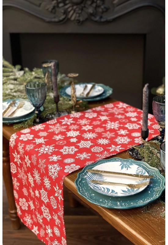 Cotton table runner Waterproof Red with white snowflakes