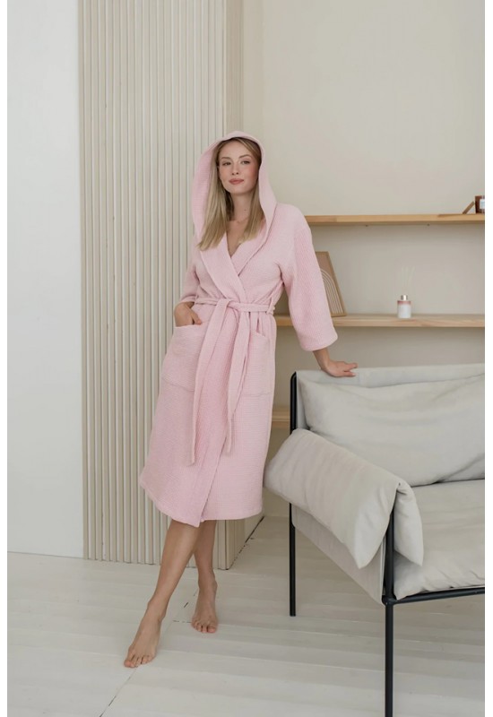 Waffle cotton robe Hooded bathrobe for women 