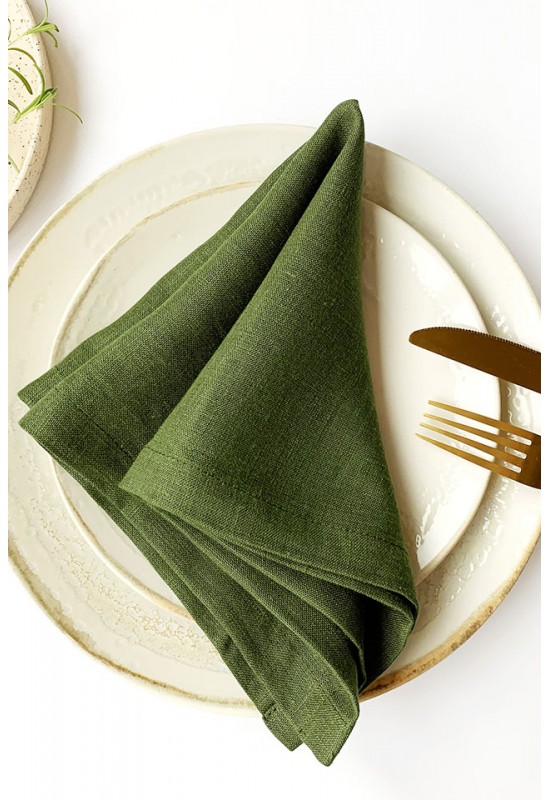 Linen Cloth Napkins in Moss Olive Green for Weddings and Dinners