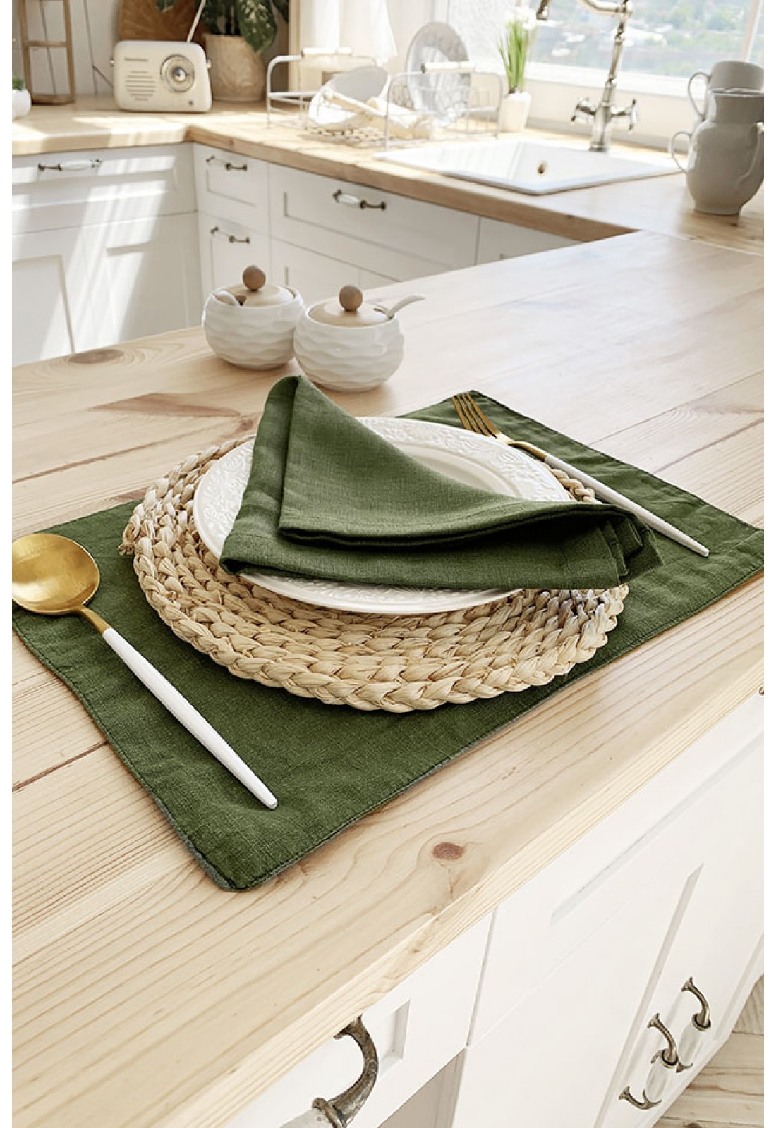 Forest Green Linen Cloth Table Placemats Dark Moss Green Settings