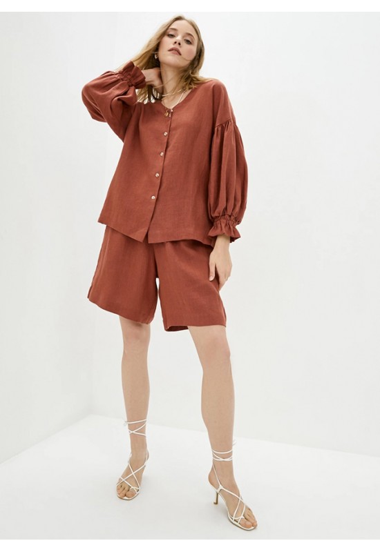 Linen blouse with Puffy long sleeves 