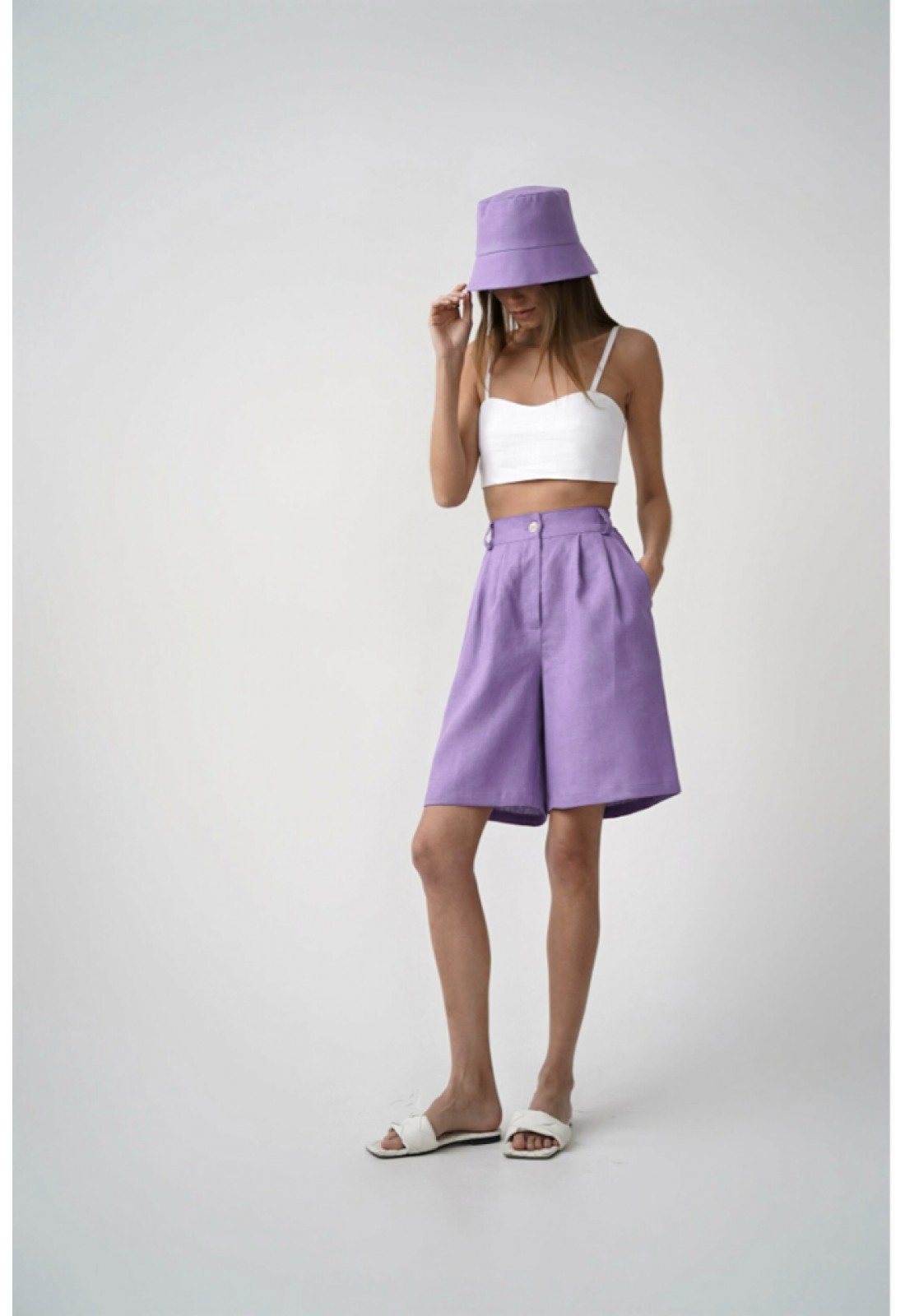 Highwaisted linen bermuda shorts Women relaxed pockets button zipper