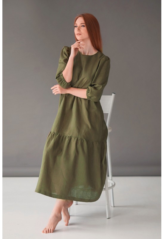 Linen loose dress with ruffles Women maxi dress