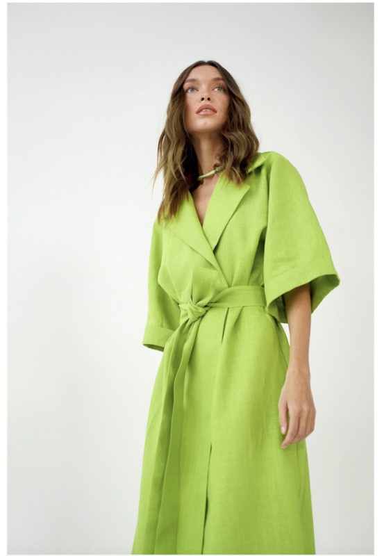 Maxi Linen Wrap Dress - Kimono Sleeves, V-Neck, and Double-Breasted