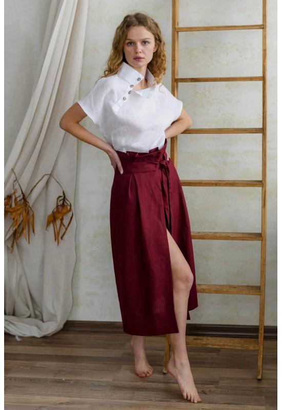 Linen wrap skirt Women midi A-line skirt belt 