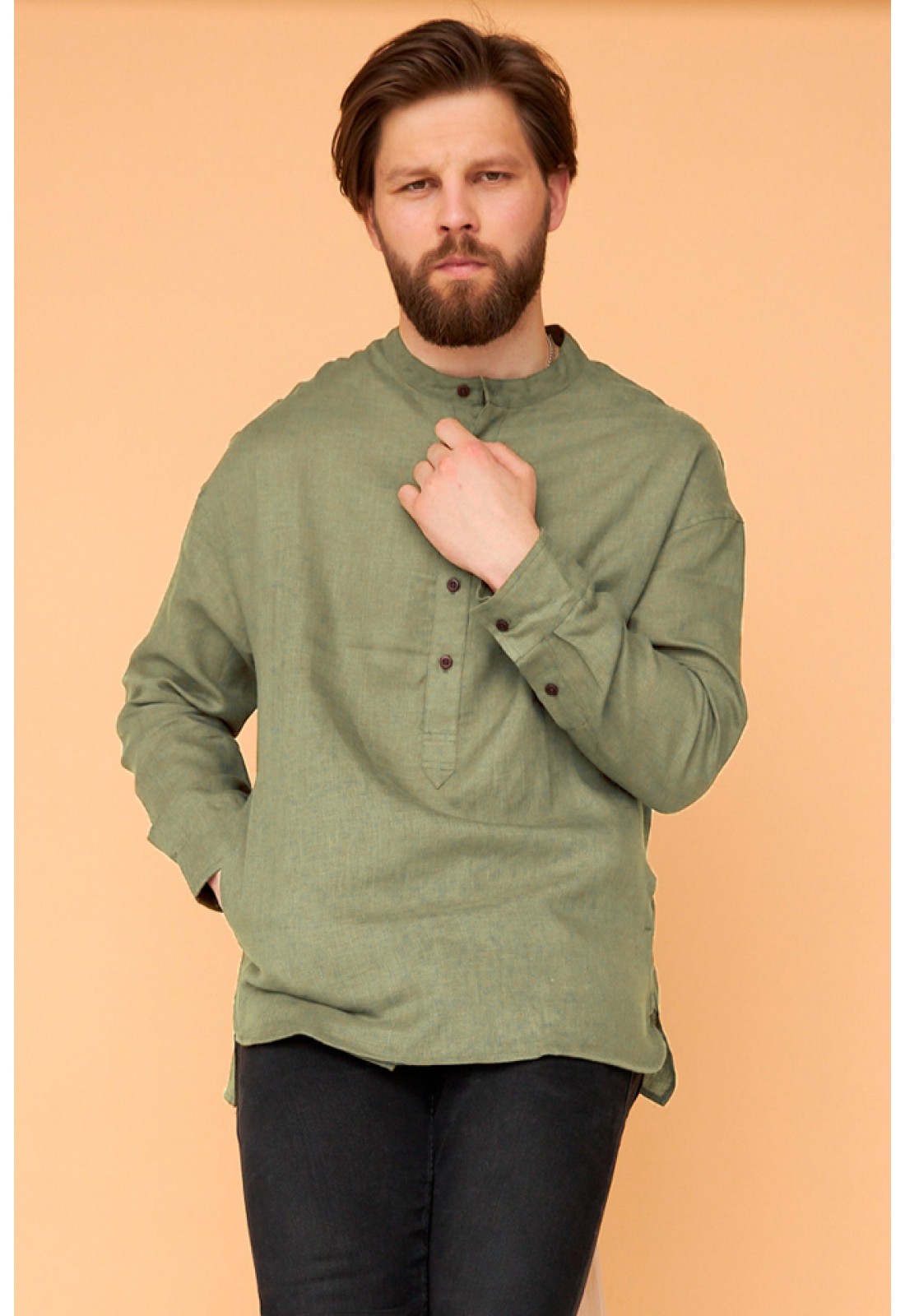 未使用 Lig. half sleeve shirt Men's Linen Shirt with Half Button Front | Band Collar