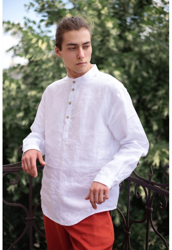 Half button linen shirt for men Band collar shirt