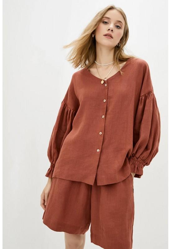 Linen blouse Puffy long sleeves Shirt with buttons