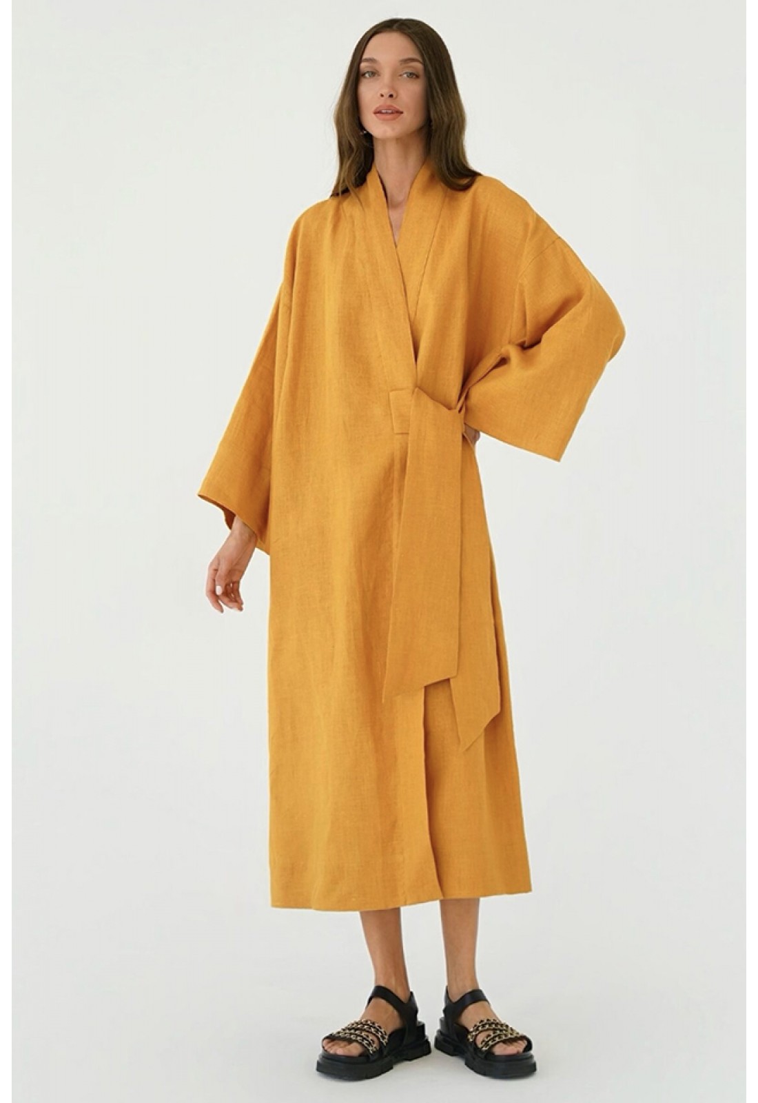 Linen Kimono Dress Maxi Length, Oversized, Long Sleeves, and Tie Belt