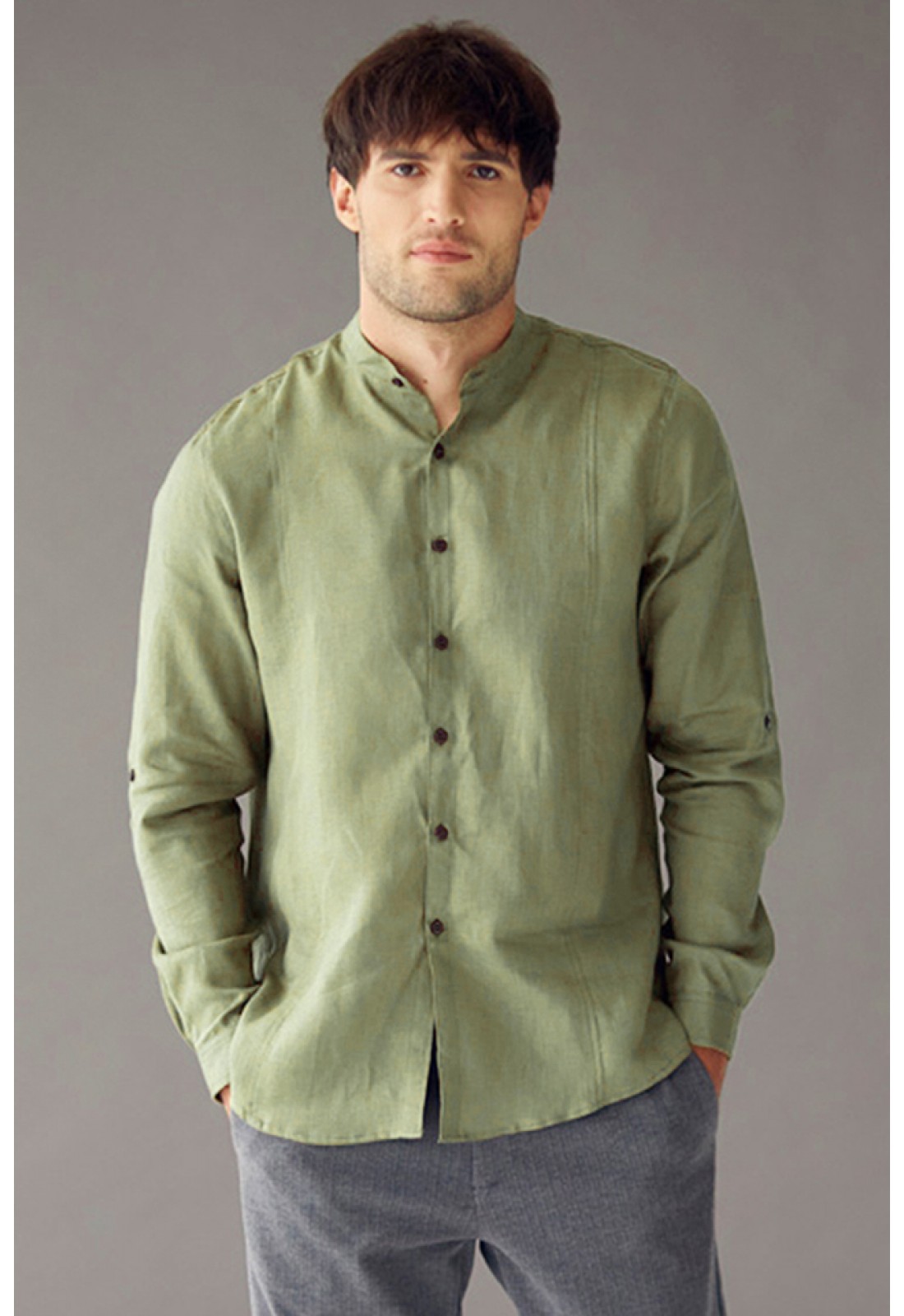 Mens Linen Shirt, Moss Green Linen Mens Shirt, Mens Long Sleeve Shirt, Mens  Shirt with Tie Neck Closure, Loose Fit Linen Shirt