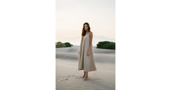 Linen Dress - Sleeveless V-Neck Maxi with Spaghetti Straps