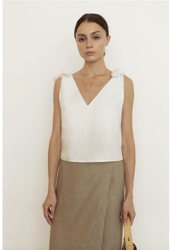 Sleeveless linen top with wide tie straps 